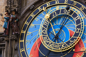 Prague astronomical clock close-up. The main attraction of the capital of the Czech Republic. Background