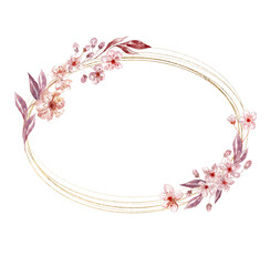 Watercolor Cherry Frame with Gold. Sakura Blossom Wedding Border.
