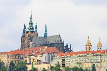 View of the Gothic Catholic Cathedral of St. Vitus, Wenceslas and Vojtech in Prague Castle. Background