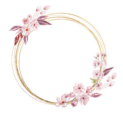 Watercolor Cherry Frame with Gold. Sakura Blossom Wedding Border.