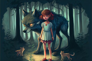 A girl with a wolf in the forest