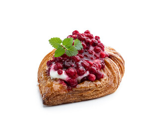 Flaky pastry with cream and cowberry isolated on white
