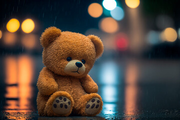 Sad teddy bear sits at night on the street in the rain. Generative AI