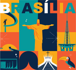 Typography word "Brasilia" branding technology concept. Collection of flat vector web icons, culture travel set, famous architectures and specialties detailed silhouette. Brazilian famous landmark.