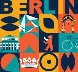 Berlin culture travel set, video split screen, famous architecture in flat design. Business travel, tourism concept clipart. Image for presentation, banner, website, advert, flyer, roadmap, icon