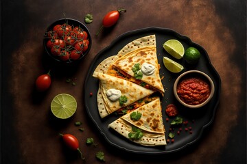  a plate of quesadillas with salsa and limes on the side and tomatoes and limes on the side on the side, and a bowl of tomatoes and a lime and a bowl of sour cream. Generative AI