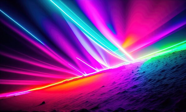 beach with bright neon lights . Generative AI © lndstock