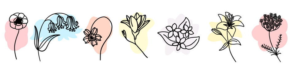 Flowers with colorful brush set in flat doodle cartoon style. Vector illustration set on white background.