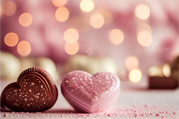 Fototapeta premium Cute Valentine's day romantic scene with chocolates and hearts on a pink background against white bokeh lights background