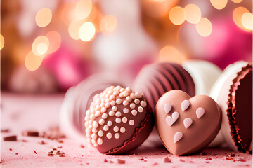 Fototapeta na wymiar Cute Valentine's day romantic scene with chocolates and hearts on a pink background against white bokeh lights background
