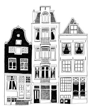 recommend clip art: Beautiful houses in Amsterdam painted in sketch style with black and white graphics. Hand drawn illustration. Suitable for print, postcard, sketchbook cover, poster, stickers, your design.