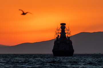 Turkish warship in the red sunset with a gull in the front of