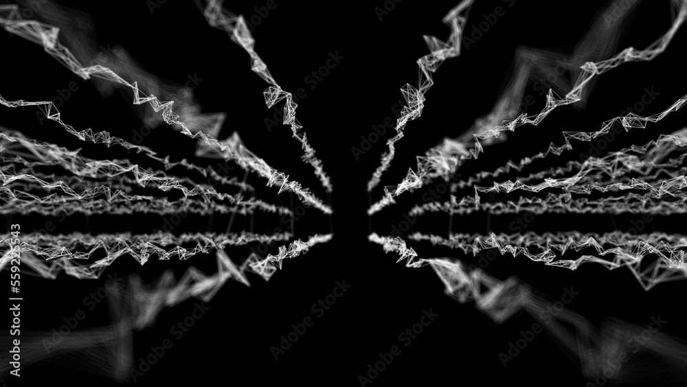Poster Wave of digital particles on a black background. Abstract interlacing lines and points. Digital connection of elements. Simulation of the movement of small particles. 3D rendering.