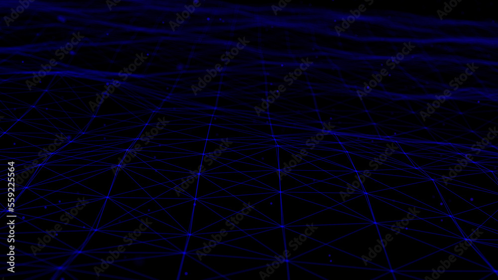 Poster Futuristic wave with lines and dots. Abstract background with a dynamic wave. Particle placement with hanging dots in space. Large data background. 3d rendering.