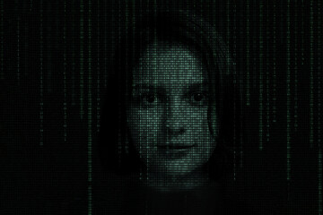 Female face with matrix digital numbers artifical intelligence AI theme with human face. The...