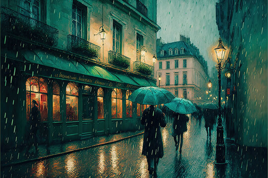 People Walking In The Rain In Paris Holding Umbrellas. Illuminated Parisian Streets On A Wet, Rainy Night. Romantic French Illustration Featuring The Capital Of France. Generative Ai