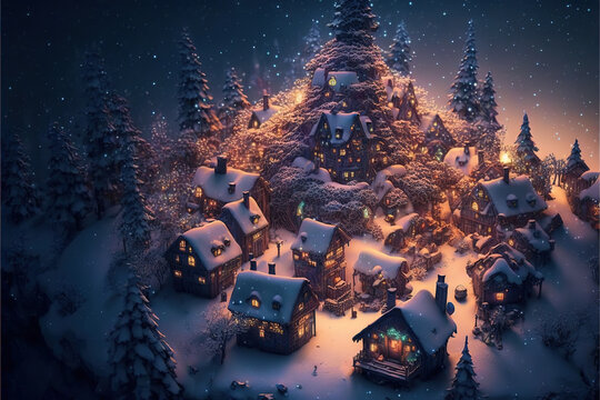 Top Down View Of A Small Christmas Town In The Middle Of A Snowy Forest. Cute Christmas Fantasy Illustration Of A Winter Town Surrounded By Trees In The Snow. Generative Ai