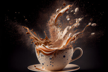 Cup with coffee being poured, coffee and milk splashes