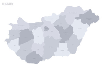 Hungary political map of administrative divisions - counties and autonomous city of Budapest. Grey vector map with labels.