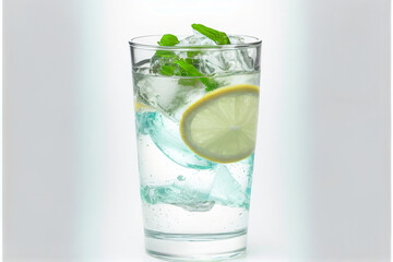 a glass of water with lemon slices, mint leaves, and ice cubes on a light background