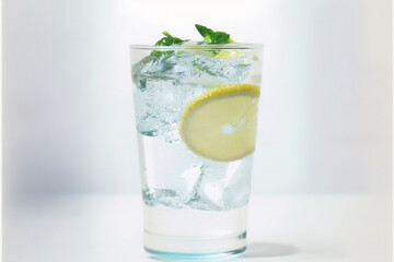 a glass of water with lemon slices, mint leaves, and ice cubes on a light background