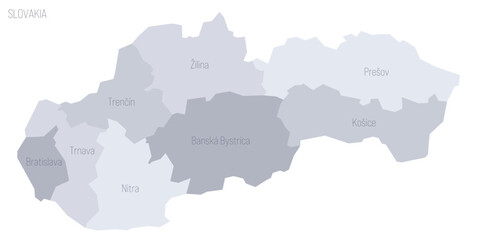 Slovakia political map of administrative divisions - regions. Grey vector map with labels.