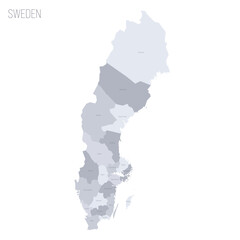 Sweden political map of administrative divisions - counties. Grey vector map with labels.