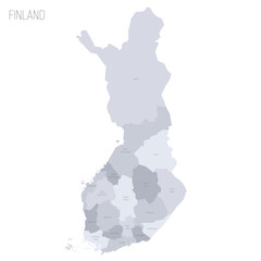 Finland political map of administrative divisions - regions and one autonomous region of Aland. Grey vector map with labels.