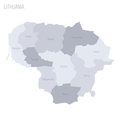 Lithuania political map of administrative divisions - counties. Grey vector map with labels.