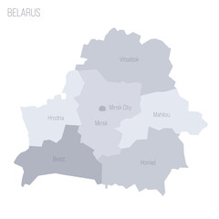 Belarus political map of administrative divisions - regions and one autonomous city. Grey vector map with labels.