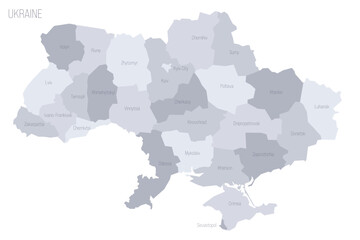 Ukraine political map of administrative divisions - regions, two cities with special status of Kyiv and Sevastopol, and autonomous republic of Crimea. Grey vector map with labels.