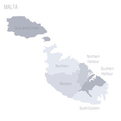 Malta political map of administrative divisions - regions. Grey vector map with labels.