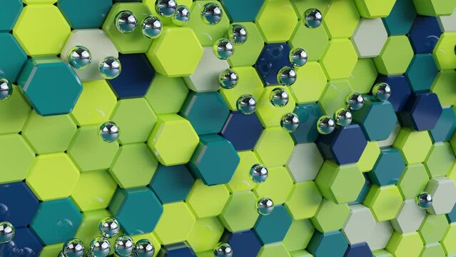 Iron balls fall on colorful hexagons, oddly satisfying animation, 3d render