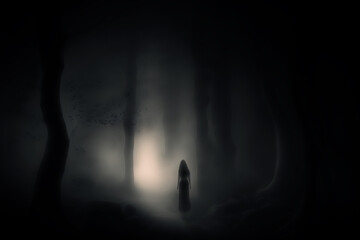 silhouette of a woman in the dark mysterious forest. Generative AI