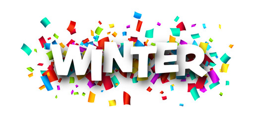 Winter word over colorful cut out ribbon confetti background.