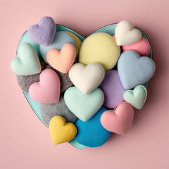 Obraz premium Isolated felted hearts, felt wool hearts, love generative ai illustration, Valentine's day crafts on pink background