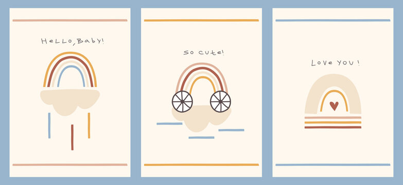 Set of cute baby cards with rainbow, hearts, clouds in pastel colors. Pre-made postcards for print. Hand drawn vector illustrations. 