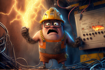 Wütender Elektriker mit einer Explosion im Hintergrund als Cartoon - obrazy, fototapety, plakaty