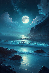 Night ocean landscape, full moon and stars shine, nature landscape, art illustration