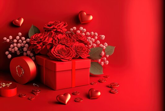 Valentines Day. Love. Hearts and Flowers on a pink background. Wedding. Gifts & Card. St. Valentine's Day. Generate AI.