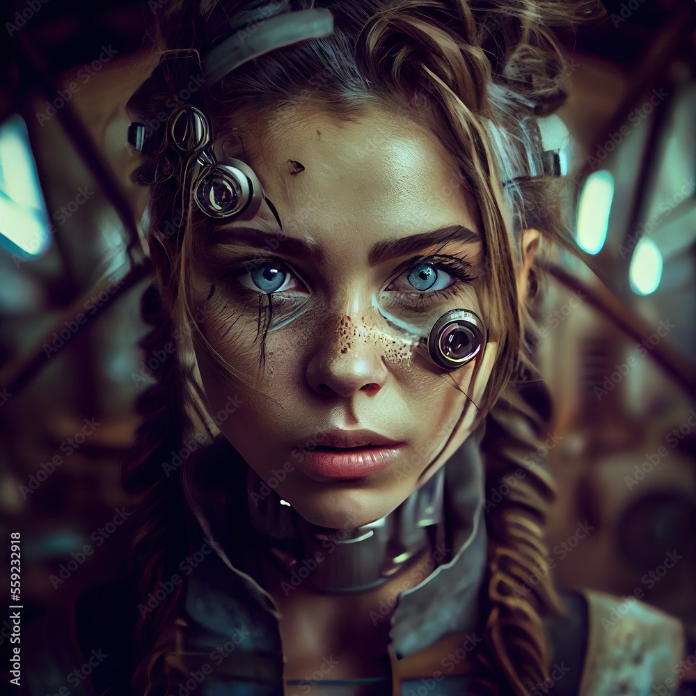 Poster Portrait of a sci-fi cyberpunk girl. High-tech futuristic woman from the future. The concept of virtual reality and cyberpunk. Generative AI Art.