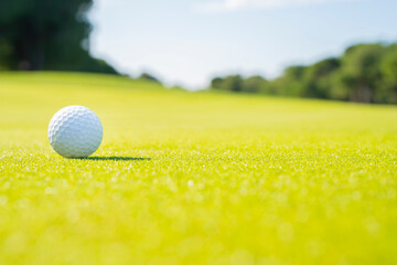 golf course and golf ball on a green grass field close up