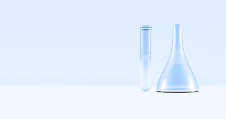 Erlenmeyer Flask. Glass Conical Lab Container with DNS. Blue tones Translucent Liquid Suspension. 3D illustration 