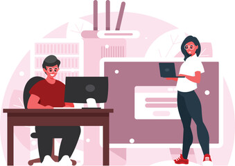 Programmers at work. Man in the workplace working at PC. Female programmer holding a laptop. Vector graphics