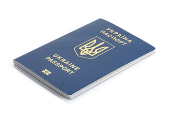 Ukrainian foreign passport, isolated on white background. Inscription in Ukrainian Ukraine Passport. Close-up.