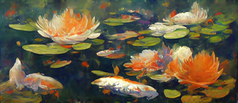 Water lilies with Koi fish.Generative AI