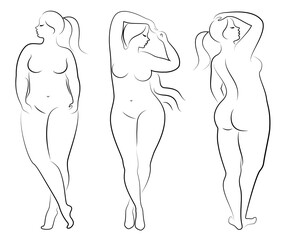 Collection.Beautiful woman silhouette in modern single line continuous style. The girl is overweight. The lady is standing. Vector illustration set.