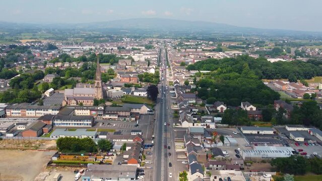 Aerial video of Traffic on Cookstown Main Street Co Tyrone Northern Ireland 
