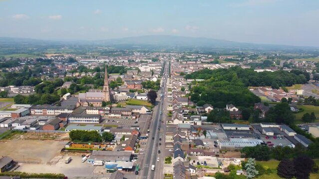 Aerial video of Traffic on Cookstown Main Street Co Tyrone Northern Ireland 