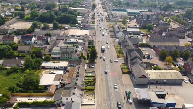 Aerial video of Traffic on Cookstown Main Street Co Tyrone Northern Ireland 